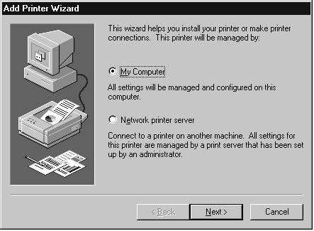 4. Double-click Add Printer. The Windows NT Add Printer Wizard appears. 5.