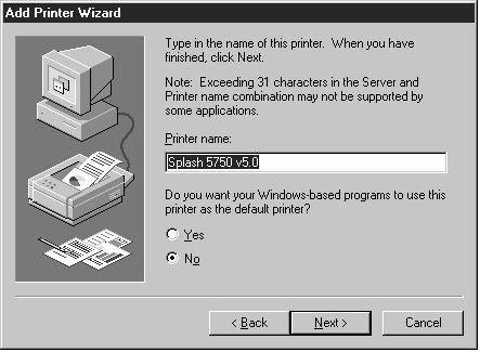 13. Click OK. Windows NT asks you to select the model of your Splash printer. 14. Select the model of your Xerox or Fuji Xerox printer/copier from the Printers list. The options are: Splash Regal v5.