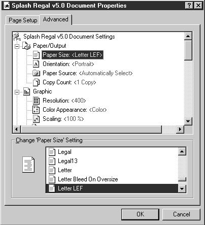 5. In the Properties dialog box, click the Advanced tab. The Splash Document Settings appear. Note: This manual describes how to select options that are specific to the Splash printer/copier.