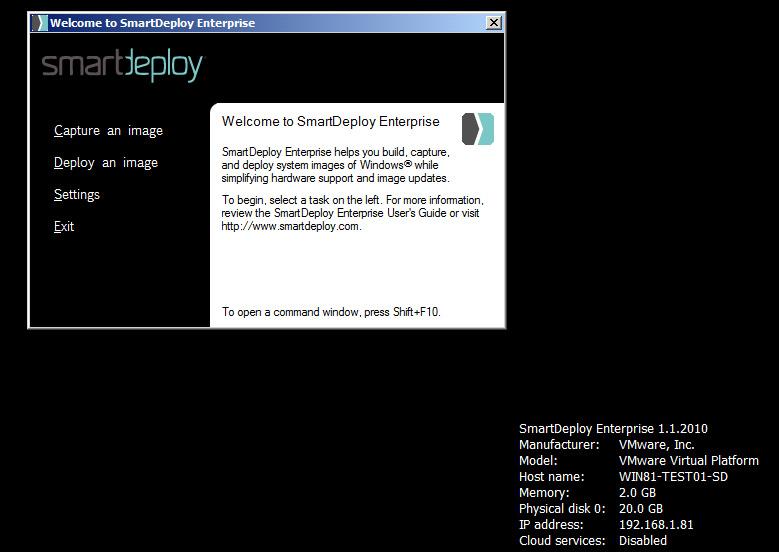 From the Welcome to SmartDeploy Enterprise screen, you can deploy your images from the Z: drive and save a
