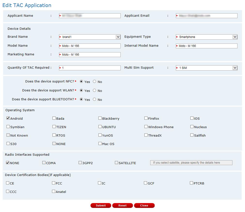 Figure 31: Edit TAC Application form The IMEI applicant can make changes to the form and submit.