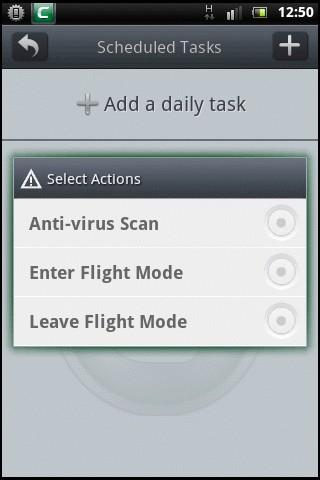 Anti-virus Scan Enter Flight Mode Leave Flight Mode From the options, select any of the actions.