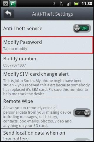 Tap on the 'Activate' button to enable the feature again. Changing your Anti Theft Password Tap the Modify Password bar.