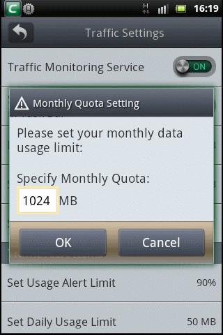 Open the 'Traffic Settings' interface by tapping the Settings icon at the top right. Tap on the 'Monthly Quota' bar.