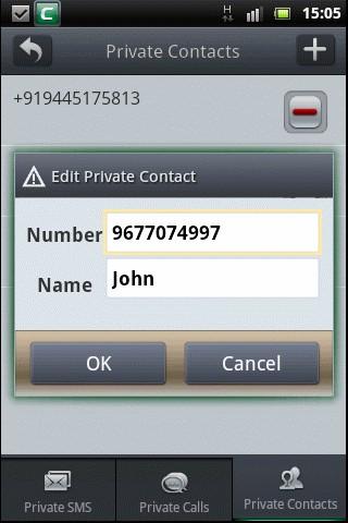 into 'Private SMS'. You can edit contact details by tapping on a 'Contact' bar once. The 'Edit Private Contact' screen will be displayed.