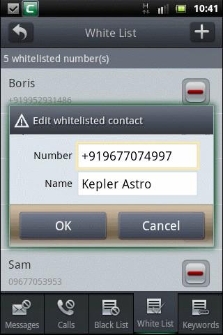 Tap and hold briefly anywhere on a whitelisted number bar to edit, delete, call or send a SMS message. CMS allows you to delete all whitelisted numbers.