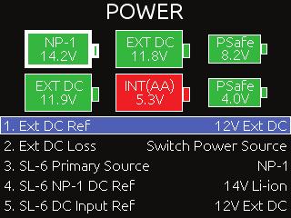 User Guide Power Screen When the SL-6 is attached to the 688, the mixer s Power screen displays the voltage level of the attached NP-1 battery, the SL-6 external DC power source, and the SL-6