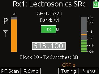 SL-6 POWERING AND WIRELESS SYSTEM Receiver Setting Description MENU > Advanced > LINE Mode = AES-3 MENU > Advanced > Edit RX1/RX2 > Audio Out > AES3 max lev = 0 dbfs MENU > Advanced > Edit RX1/RX2 >