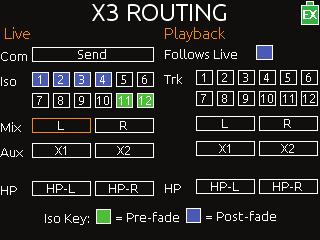OUTPUTS Accessing Aux (X1 - X6) Routing Screen X1 and X2 tracks are routed to their respective outputs by default. Output sources are configured in the Output routing screen.