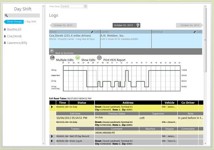 SECTION 5: HOURS OF SERVICE (HOS): ABOUT THE HOS TAB SHOW EDITS The Logs page in the HOS Tab allows Fleet Director Users to view details of all edits made to a driver log.