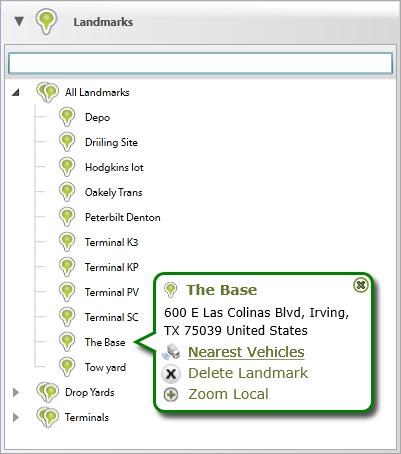 SECTION 2: MAP VIEW TAB OVERVIEW To find the nearest vehicle to a Landmark from the Landmarks list, complete these steps: 1. Right-click on the Landmark. The pop-up action menu appears. 2. Click on Nearest Vehicles.