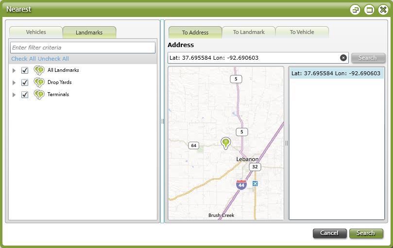SECTION 2: MAP VIEW TAB OVERVIEW To search for the closest Landmark to an address, complete these steps: 1. Click on the Nearest icon on the Side Menu. The Nearest window appears. 2. Select the targeted Landmark(s) from the Landmarks list.