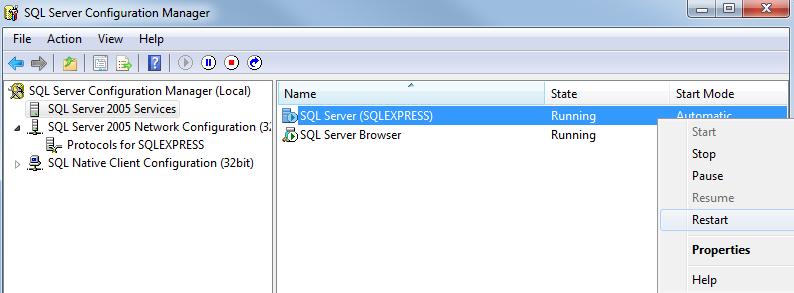 11. Select SQL Server 2005 Services on the left pane and right-click on SQL Server (SQLEXPRESS). Select restart. 12.