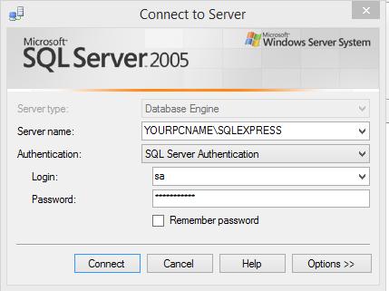 5. If connecting to central PC was unsuccessful, try step 1-3 on the central PC. 6. Run SQL Server Management Studio on the central PC. 7. For server name, enter YOURPCNAME\SQLEXPRESS.