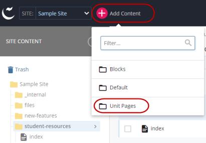Adding a New Page When you want to add a new page, use the Add Content link and select Unit Pages > New Page.
