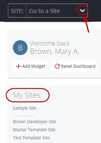 Find a Site At the top of the Cascade screen you will see the site-chooser drop-down box. Click in the site chooser box to view a list of sites you have access to.