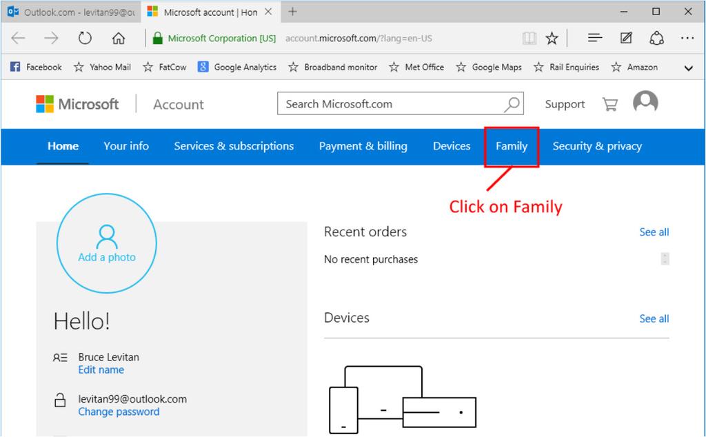 To access the Family section, from your email inbox, click on the account name at the top right of the window and choose Account Settings from the dropdown menu: This may open a new tab in your