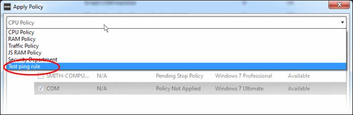 Select the policy you wish to apply from the drop-down at the top Choose the endpoints to which the policy should be applied and click 'Apply Policy'.