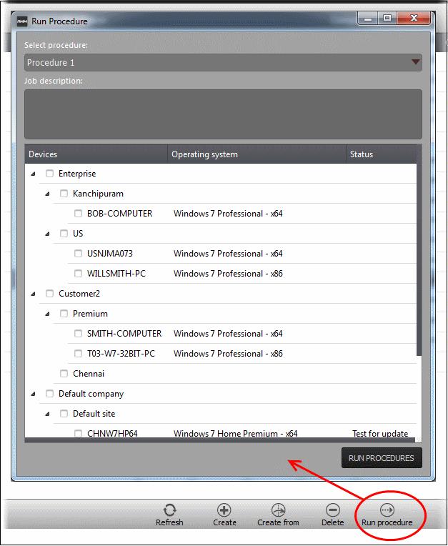 interface and the 'Sessions' interface. To run a procedure from the 'Procedures' screen, click the 'Run procedure' button at the bottom of the interface.