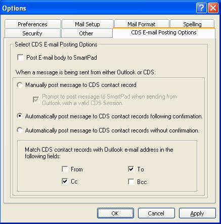 When the user either selects the second or third option from the CDS E-mail Posting Options tab, an additional section displays. In this section, by default, the To and Cc checkboxes are selected.