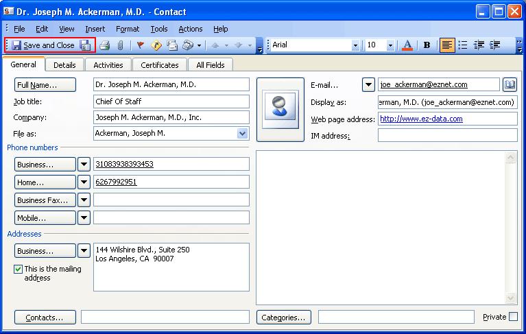 Click the Open button to display the Contact record in vcard format. 4.