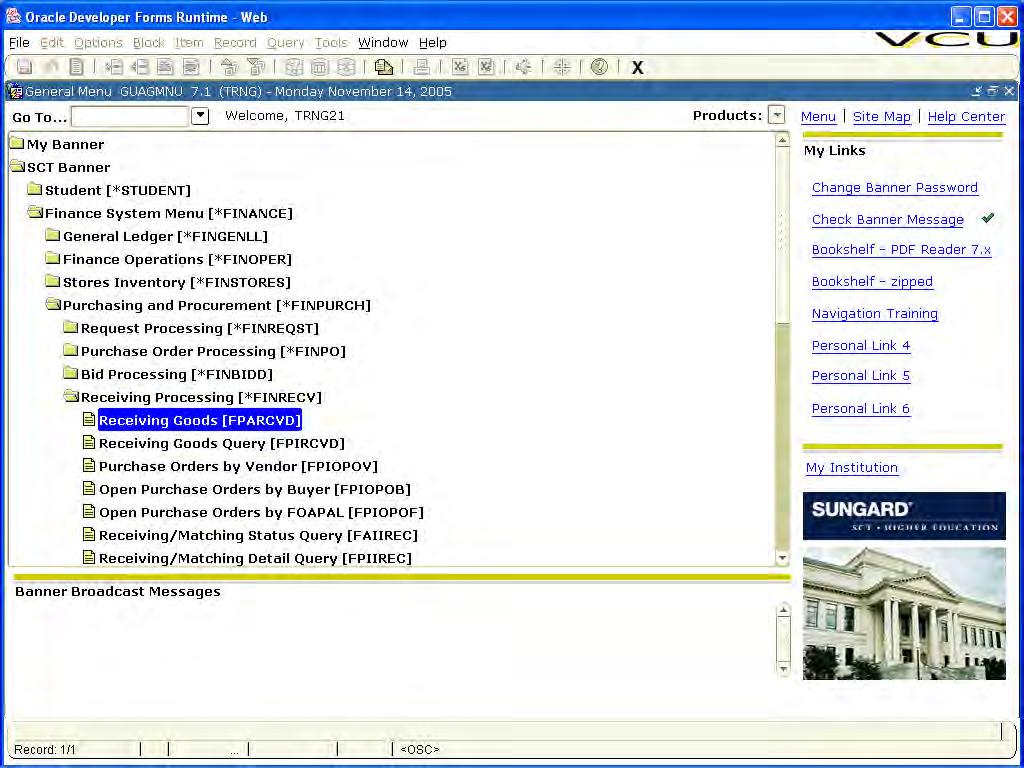 Posting Receiving Opening The FPARCVD Form 1. Start Banner by going to www.banner.vcu.edu. 2. When the main menu (GUAGMNU) appears, open the FPARCVD form. Go method: a. Type FPARCVD in the Go field.
