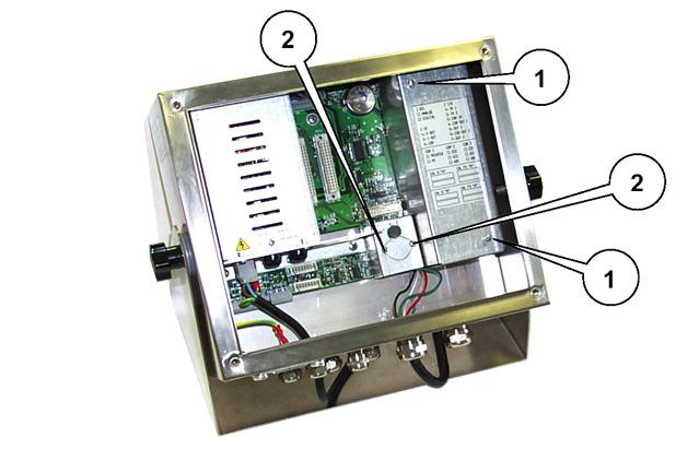 13.4 Access to the converter and scale connectors Key 1. Screws allowing access to the converter 2. Screws allowing access to the connectors Figure 13.