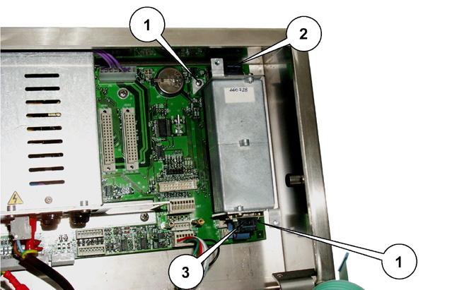 13.7 Removal of the converter Key 1. Screws (one is hidden by the connector) 2. Connector for signals towards the CPU 3. Connector for signals towards the cells Figure 13.
