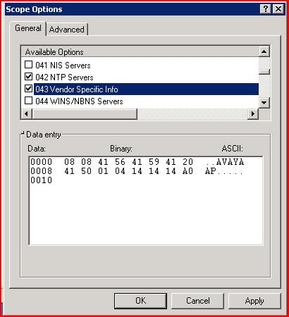Step 3: In the Data entry section, enter Hexadecimal values for AVAYA AP and length of the string for the first row associated with Sub-Option 0008.