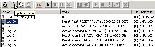 Fault logger Browsing the fault history Opening the Fault logger Log 00 = most recent log Updating values Clearing the fault logger DRIVE STATUS OFF-LINE or COMM.