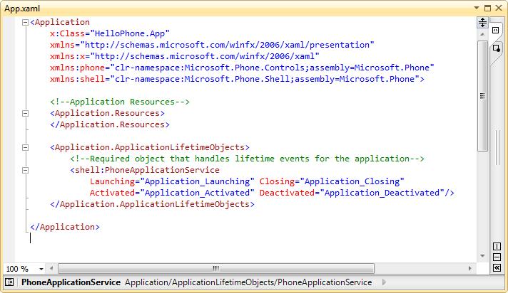 Figure 3 Default App.xaml file generated by the Windows Phone application template Note: The App.xaml file, together with its code-behind file App.xaml.cs, defines an instance of the Application class.