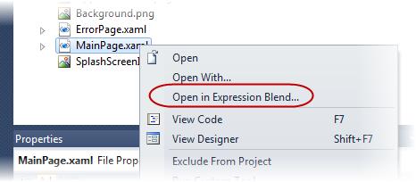 Figure 27 Opening the solution with Expression Blend 4. In Expression Blend, make certain that the MainPage.