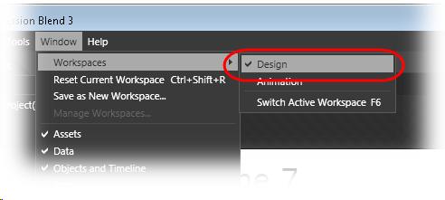To view the current workspace, select Workspaces in the Window menu and ensure that the Design option is checked.