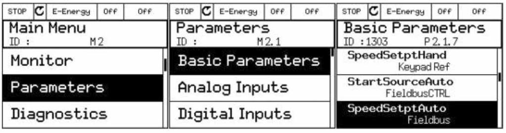 Main Menu R Parameters R Basic Parameters R StartSourceAuto 4. Set the Speed Set Point Auto to Fieldbus.