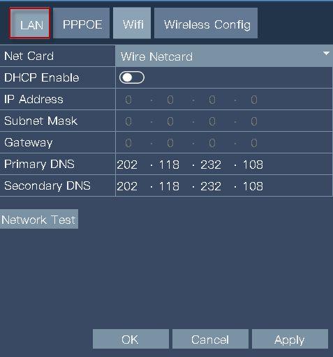 7.7.1 Network Path: Main Menu->Network Setting->Network View or edit LAN, PPPoE, Wifi, or Wireless Configuration. A. LAN (Local Area Network) DHCP Enable: Toggle on to obtain IP address automatically.
