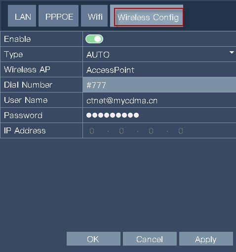 access, and the equipment configuration) [Enable]: Toggle on (green). [Type]: Dial Type. Default: Auto. [Wireless AP]: 3G Access Point. Default: AccessPoint. [Dial Number]: 3G Dial Number.