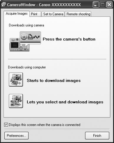 If the window to the right does not appear, click the [Start] menu and select [All Programs] or [Programs], followed by [Canon Utilities], [CameraWindow] and