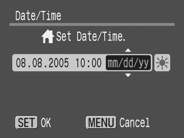 First Time Settings Setting the Date/Time 1. Press the power button ( ). 2. Use the or button to select an item and the or button to change its value ( ).