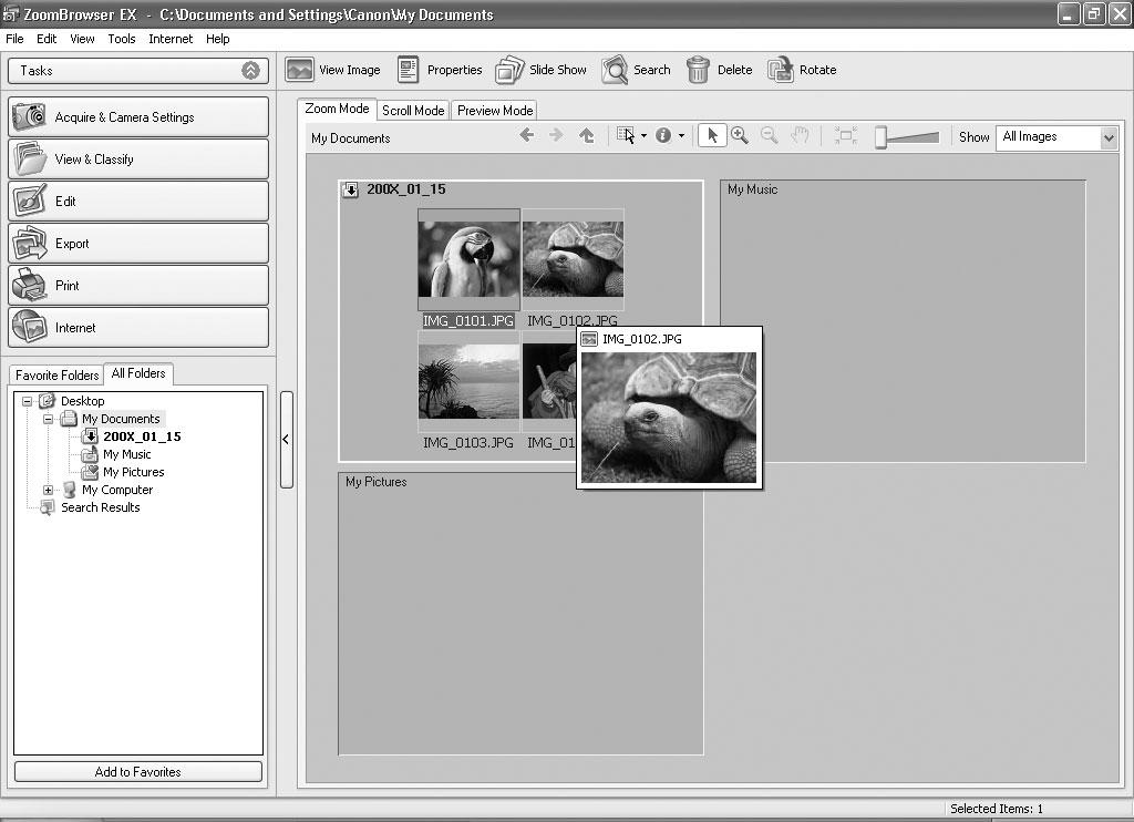 Main Window ZoomBrowser EX is a software program used for organizing, printing and editing the downloaded images.