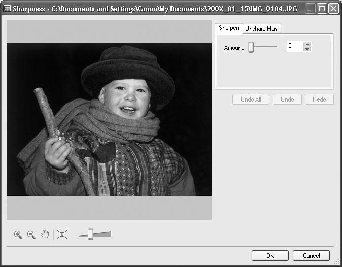[Sharpness] Window Selecting [Sharpness] from the [Edit] menu, or clicking the icon and selecting [Sharpness] allows you to emphasize and clarify the outlines of people and objects.