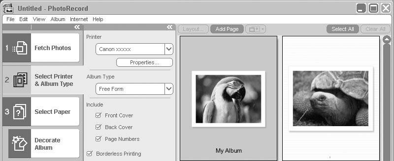 4 Click [2 Select Printer & Album Type] and select a printer and album type. Select the printer. E Select the album type.