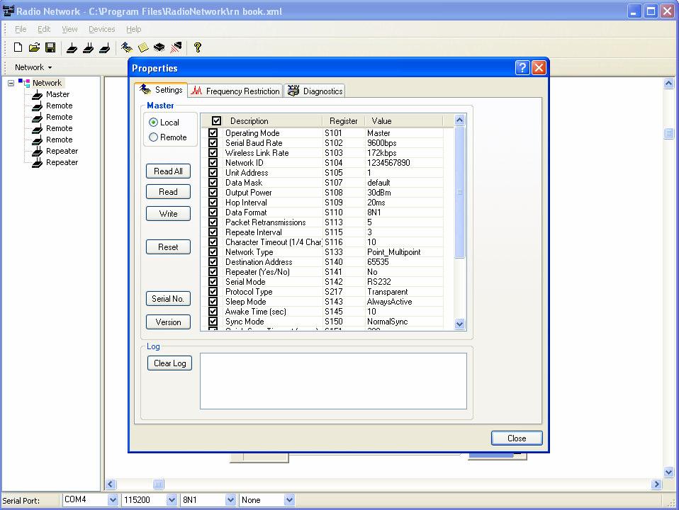 4.0 Modem Configuration The properties button on the toolbar will bring up information on the selected modem in your network (see image below). The Properties screen brings up 3 tabs.