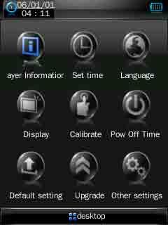 System settings To access the System Settings, press the Settings icon from them Main Menu. System Settings icons: Player Information: displays various information about your MP3 Player.