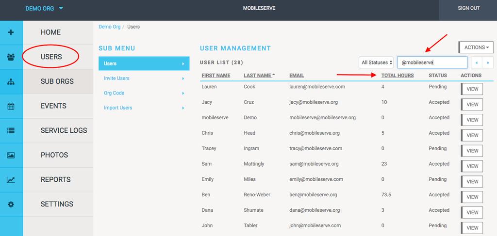 Users In the Users section, you can invite and manage users. The User Management page shows basic contact information as well as total service hours each user has contributed to date.