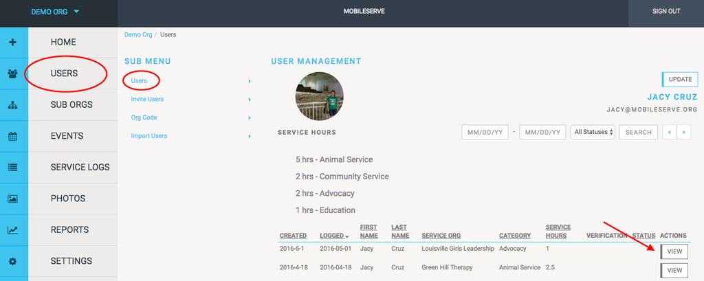View Member Details From the Users page, select View next to a user s name to go to their profile page, which lists all service logs.