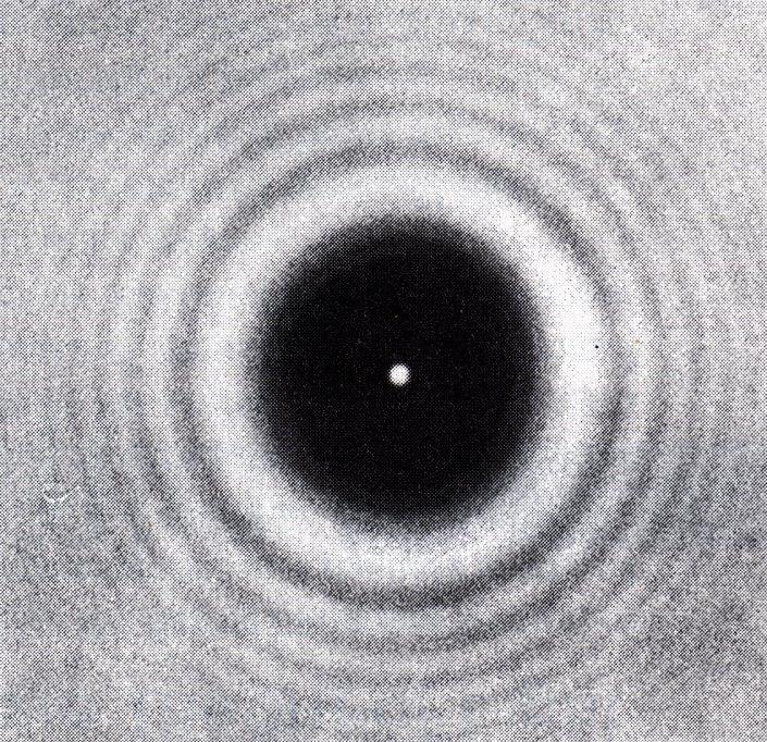 Diffraction pattern from a penny positioned halfway between a light source and a screen. The shadow of the penny is the circular dark spot. Notice the circular bright and dark fringes.