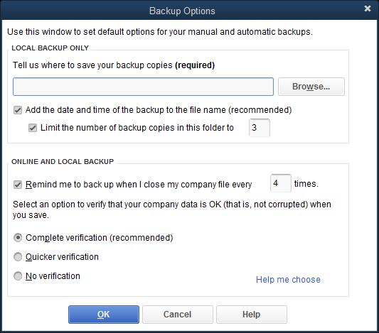 QuickBooks Fundamentals 2015 4. The Backup Options window is displayed (see Figure 1-14).