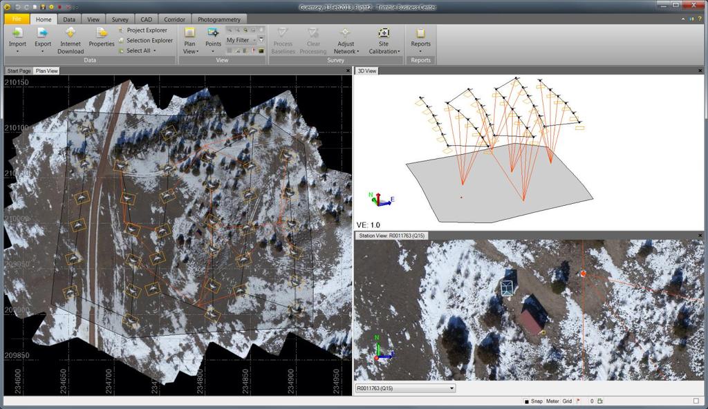 Images are displayed as aerial photo stations in Trimble Business Center Photogrammetry Module.