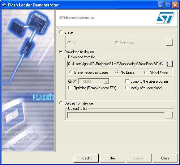 The software runs under Microsoft Windows and can be downloaded from www.st.com. With this software, any firmware stored in an *.