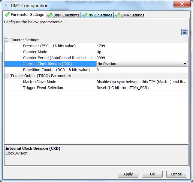 2.1.1 CubeMX TIM configuration Tab>Parameter Settings Prescaler to 4799 Counter